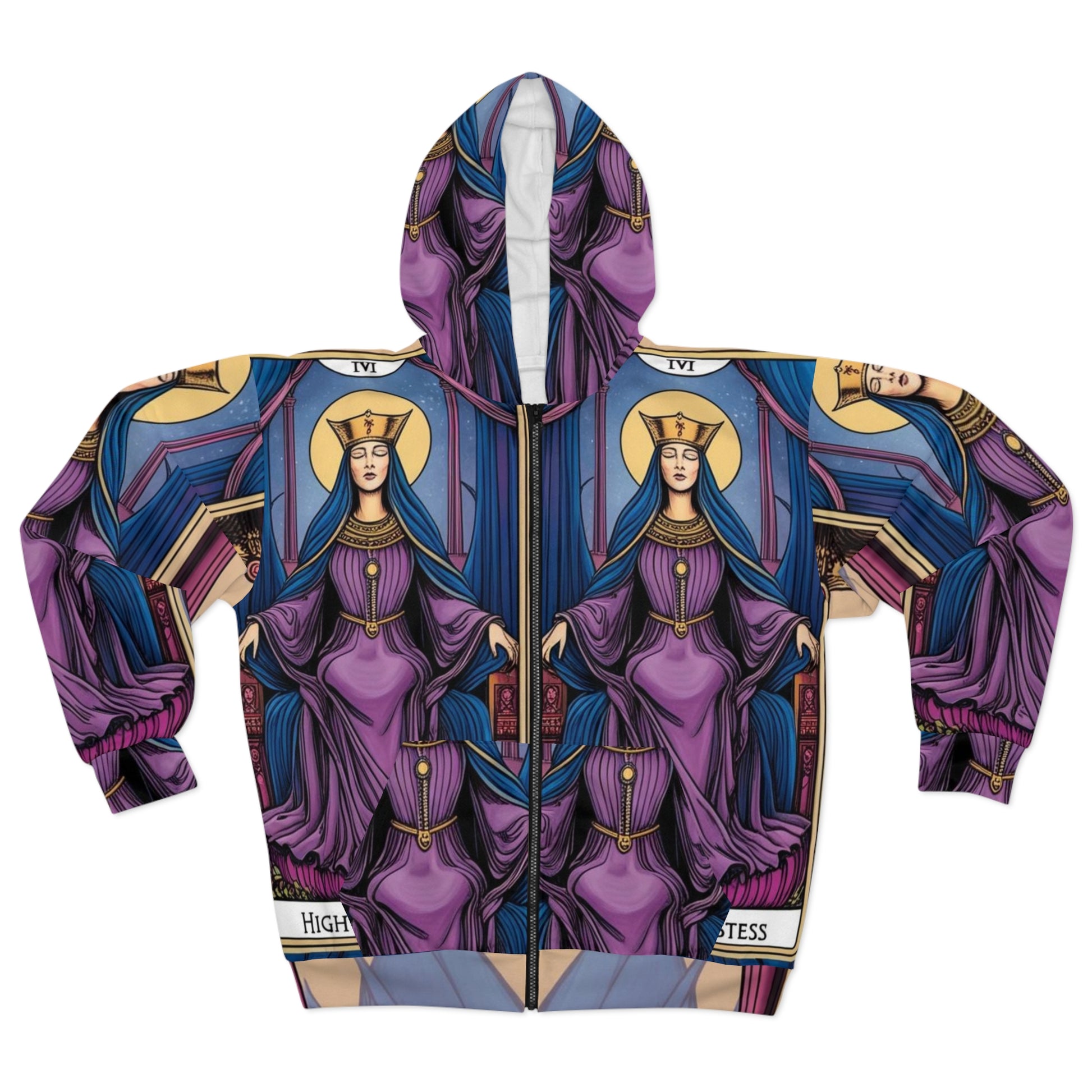 Mystical High Priestess Unisex Zip Hoodie, Tarot Card Hoodie, Spiritual Gift, AOP Hoodie, Witchy Apparel, Boho Zip Up