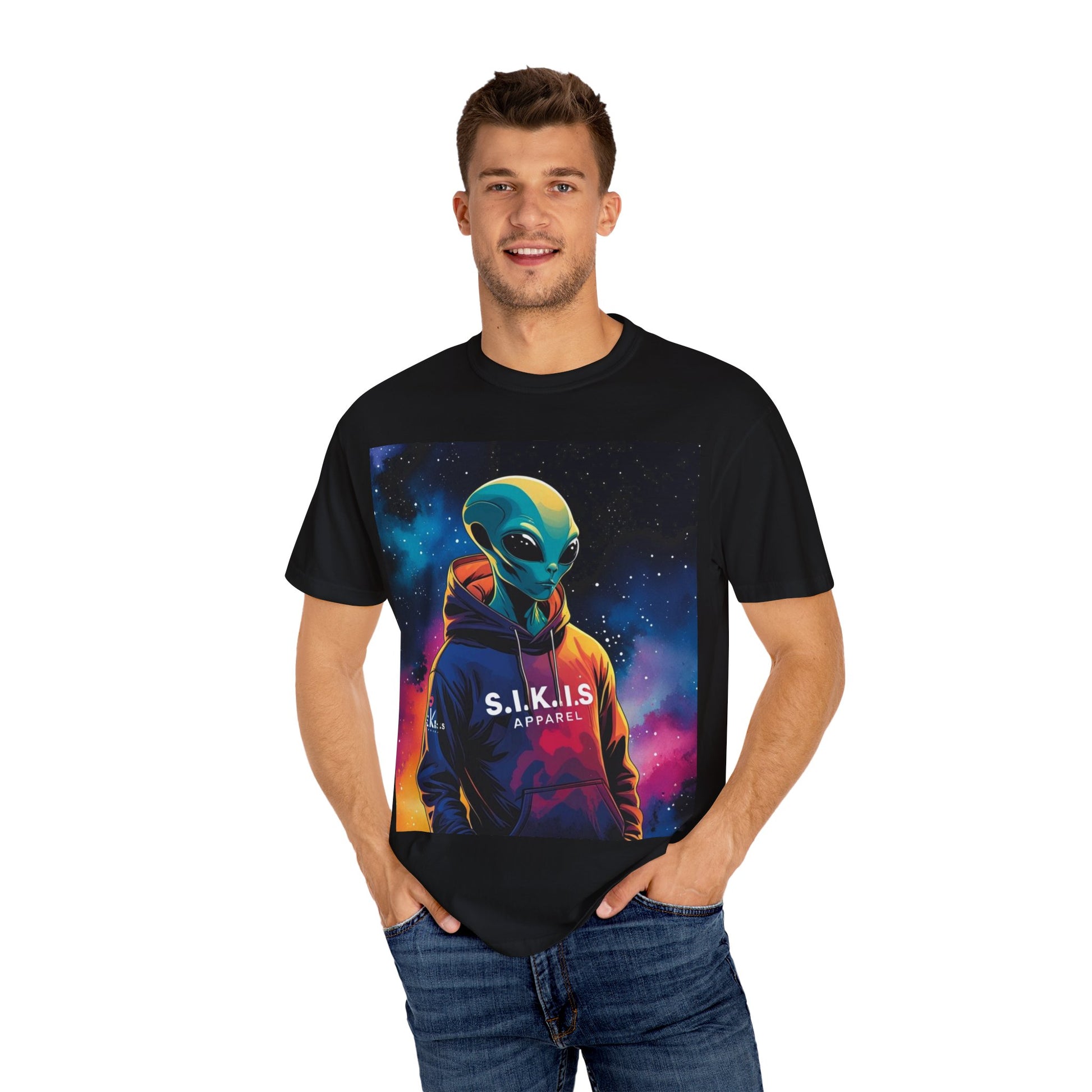 Cosmic Alien T-Shirt | Unisex Garment-Dyed Tee, Retro UFO Apparel, Sci-Fi Graphic Tee, Gift for Space Lovers, Unique Summer Wear
