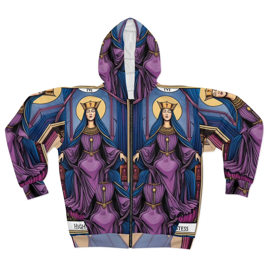 Mystical High Priestess Unisex Zip Hoodie, Tarot Card Hoodie, Spiritual Gift, AOP Hoodie, Witchy Apparel, Boho Zip Up