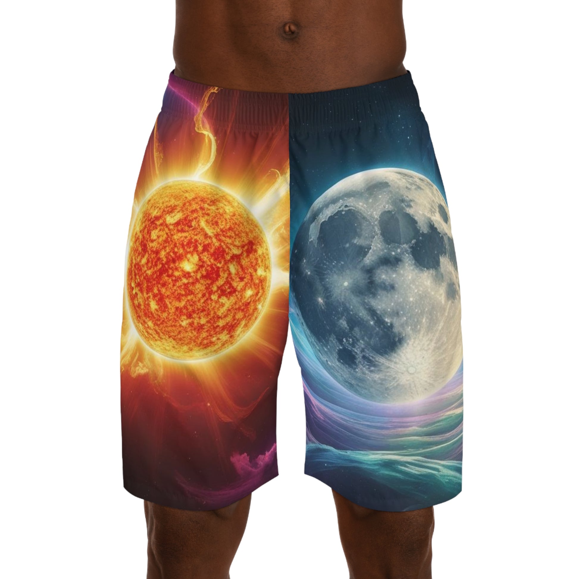Men's Sun and Moon Jogger Shorts, Cosmic Summer Shorts, Men's Activewear, Unique Graphic Athletic Shorts, Gift for Him
