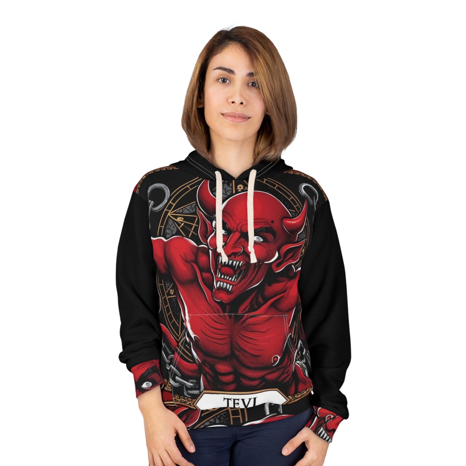 Devil Graphic Hoodie - Unisex AOP Pullover, Gothic Streetwear, Alternative Fashion, Edgy Gift, Halloween Attire, Punk Style