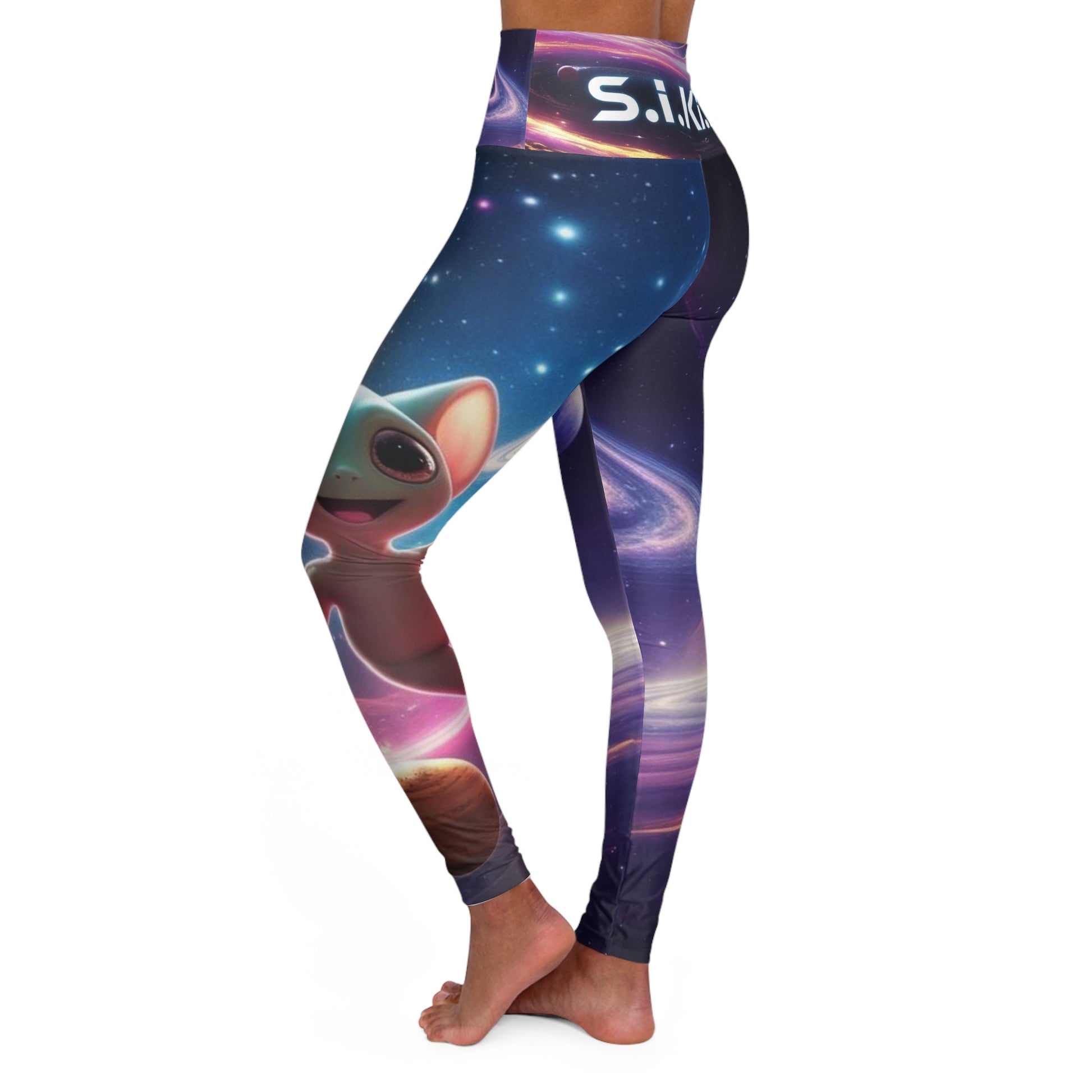 Cosmic High Waisted Yoga Leggings, Space Theme Workout Leggings, Starry Yoga Pants, Alien Print Fitness Leggings, Galaxy Travel Activewear