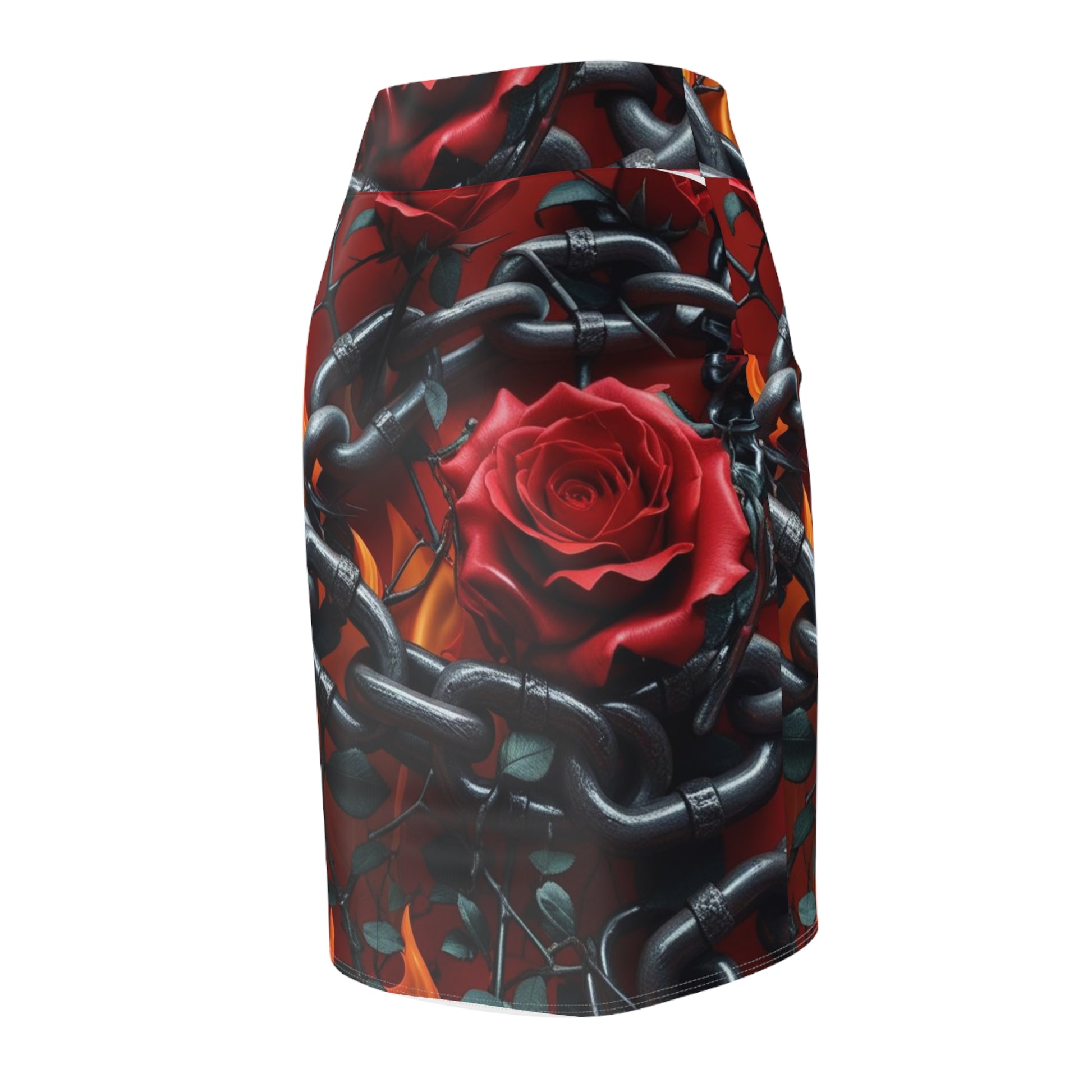 Stylish Rose Chain Women's Pencil Skirt | Gothic Fashion, Edgy Style, Party Outfit, Floral Skirt, Bold Statement Piece