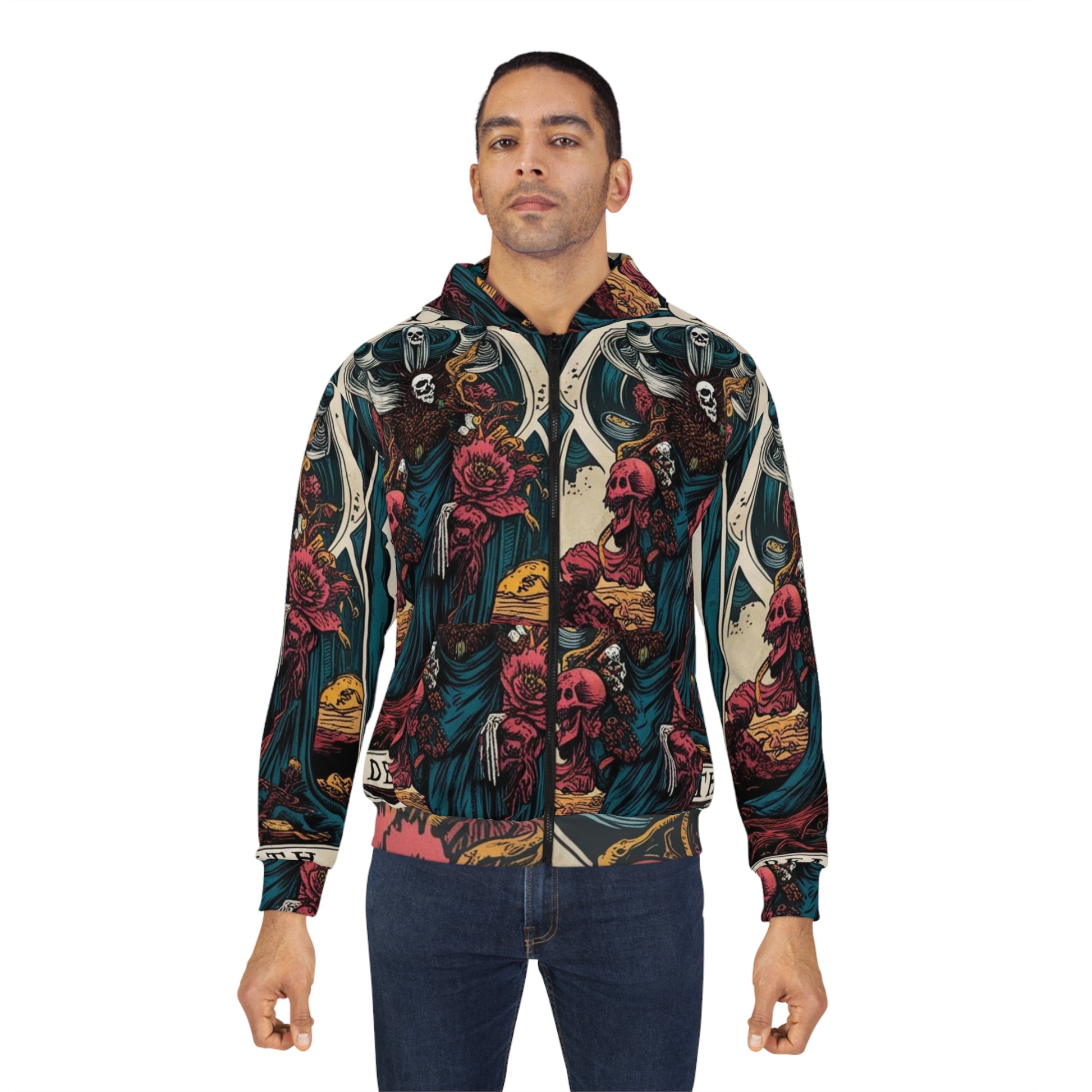 Unisex Zip Hoodie with Dark Floral Tarot Design, Gothic Aesthetic, Perfect for Everyday Wear, Gift for Her, Cozy Layer for Autumn