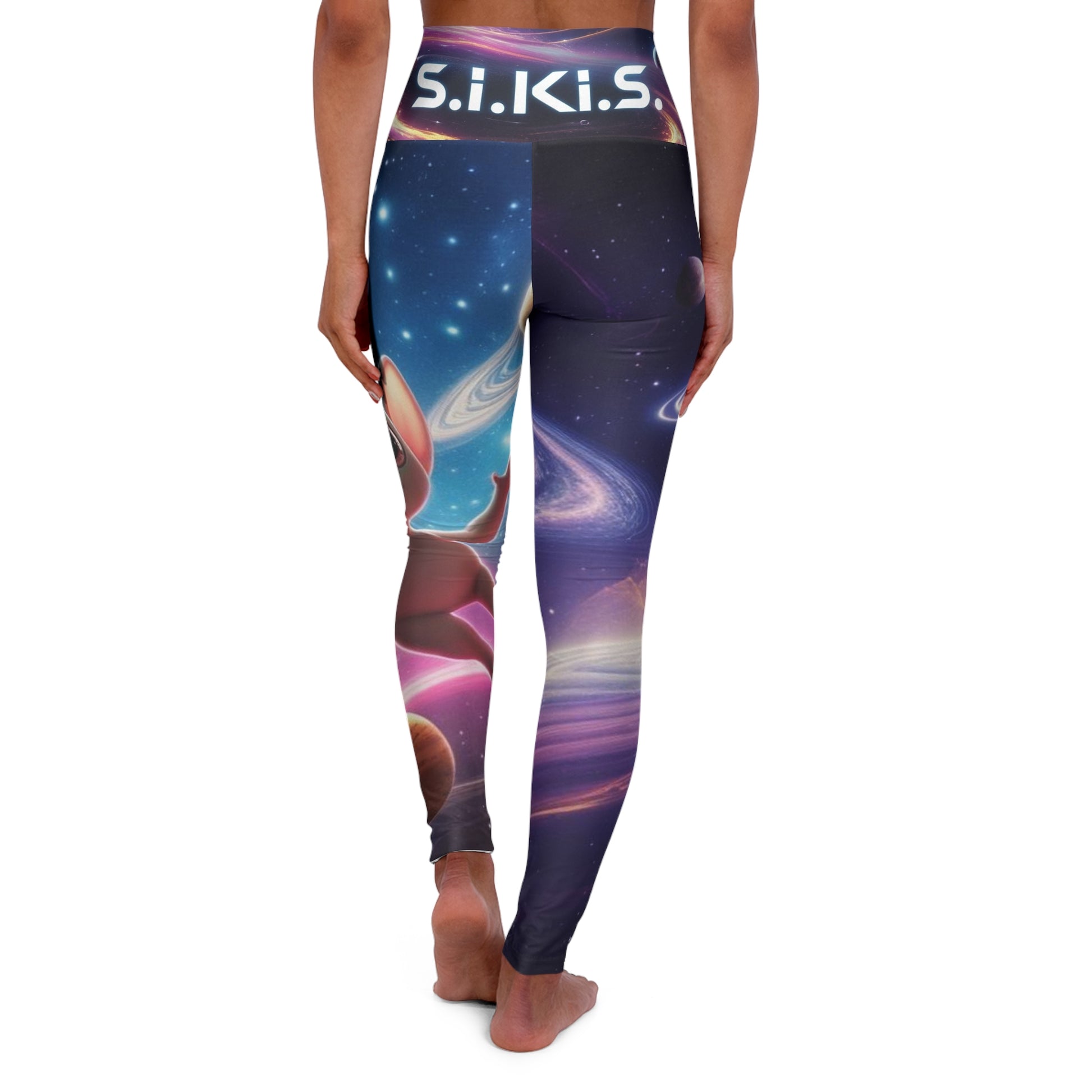 Cosmic High Waisted Yoga Leggings, Space Theme Workout Leggings, Starry Yoga Pants, Alien Print Fitness Leggings, Galaxy Travel Activewear