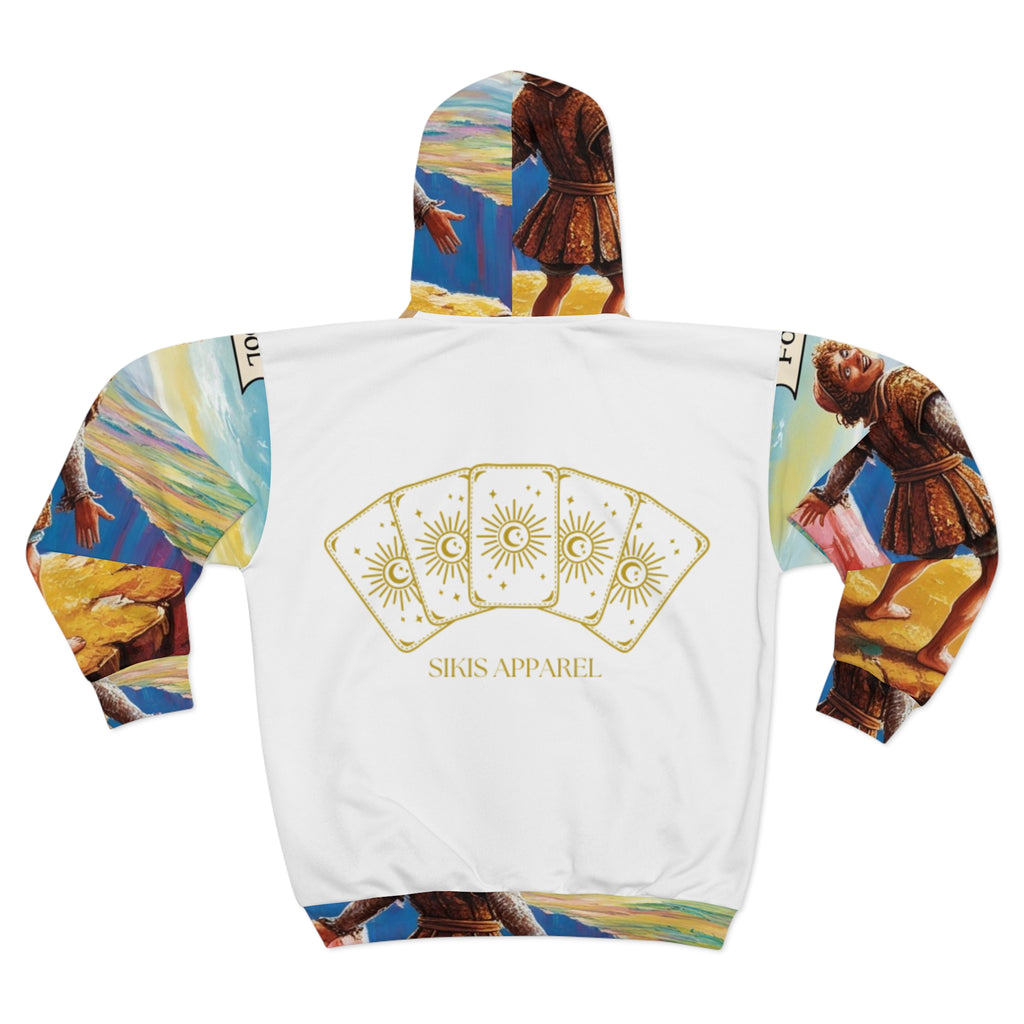 Artistic The Fool Card-Themed Unisex Zip Hoodie | Unique Gift for Tarot Lovers, Cozy Apparel for Celebrations, Trendy Fashion Statement