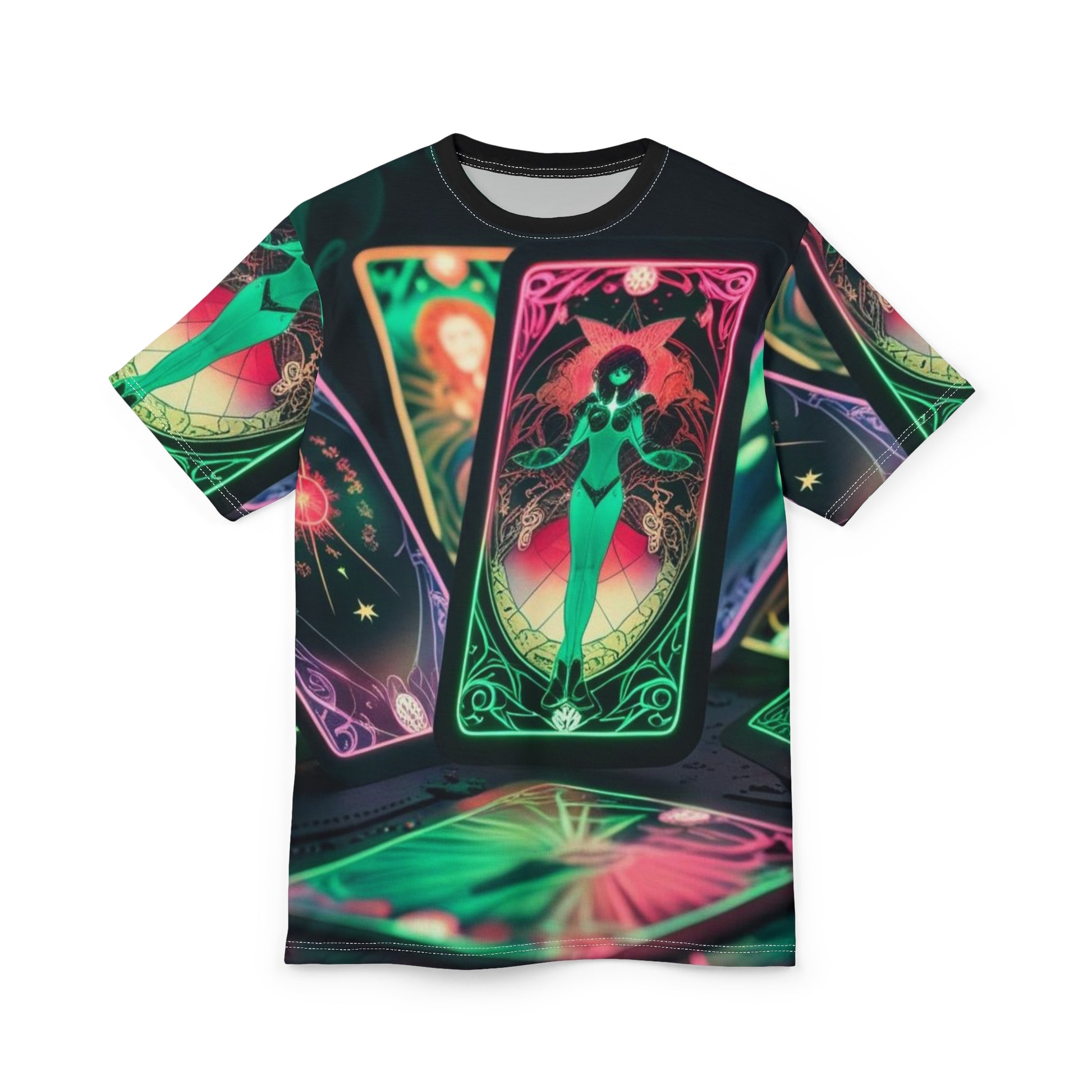 Mystical Tarot Graphic Tee, Unisex AOP Shirt, Boho Style Apparel, Spiritual Gift, Horoscope Lover Top