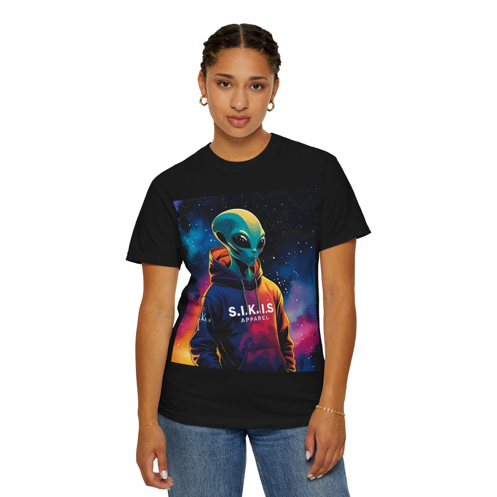 Cosmic Alien T-Shirt | Unisex Garment-Dyed Tee, Retro UFO Apparel, Sci-Fi Graphic Tee, Gift for Space Lovers, Unique Summer Wear