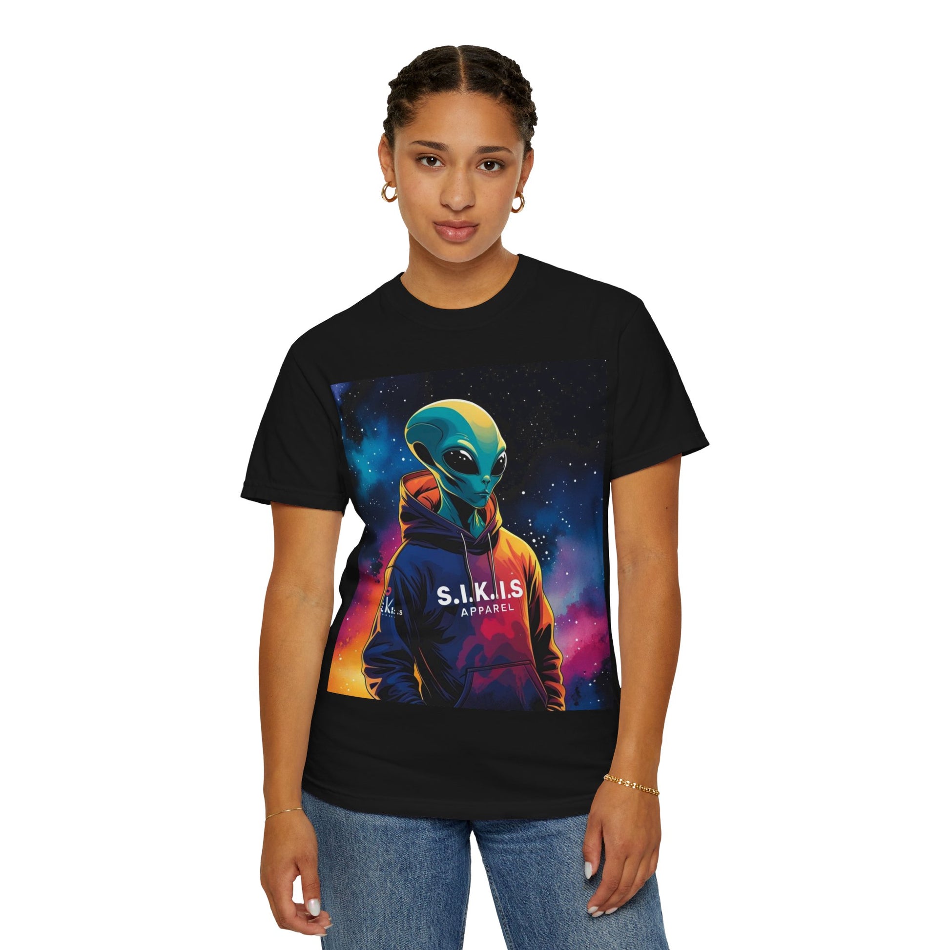 Cosmic Alien T-Shirt | Unisex Garment-Dyed Tee, Retro UFO Apparel, Sci-Fi Graphic Tee, Gift for Space Lovers, Unique Summer Wear