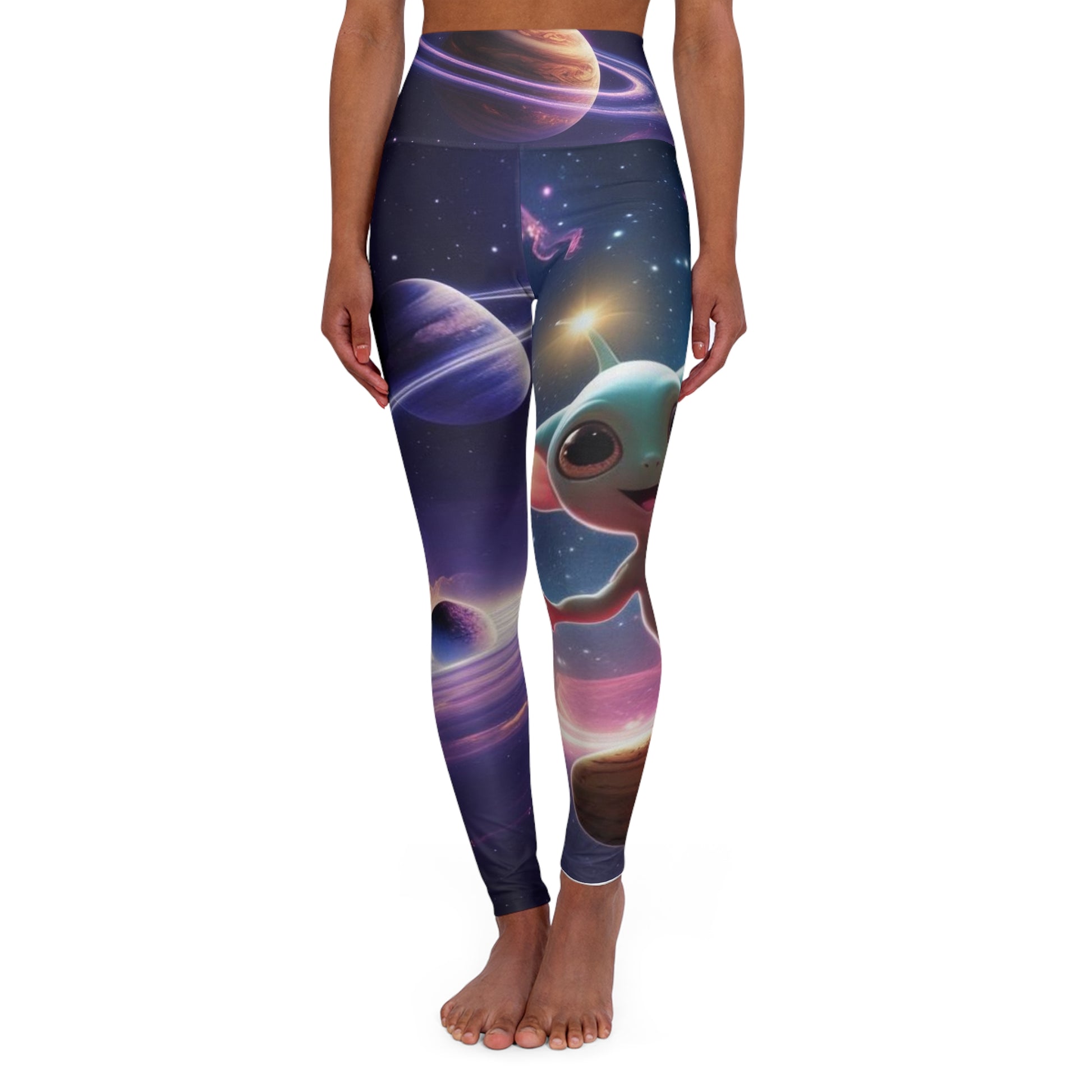 Cosmic High Waisted Yoga Leggings, Space Theme Workout Leggings, Starry Yoga Pants, Alien Print Fitness Leggings, Galaxy Travel Activewear