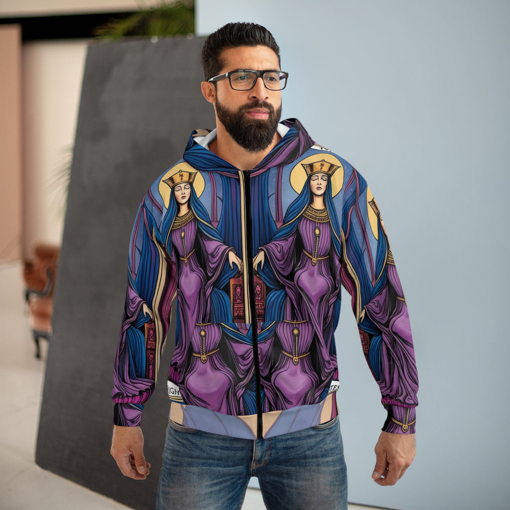 Mystical High Priestess Unisex Zip Hoodie, Tarot Card Hoodie, Spiritual Gift, AOP Hoodie, Witchy Apparel, Boho Zip Up