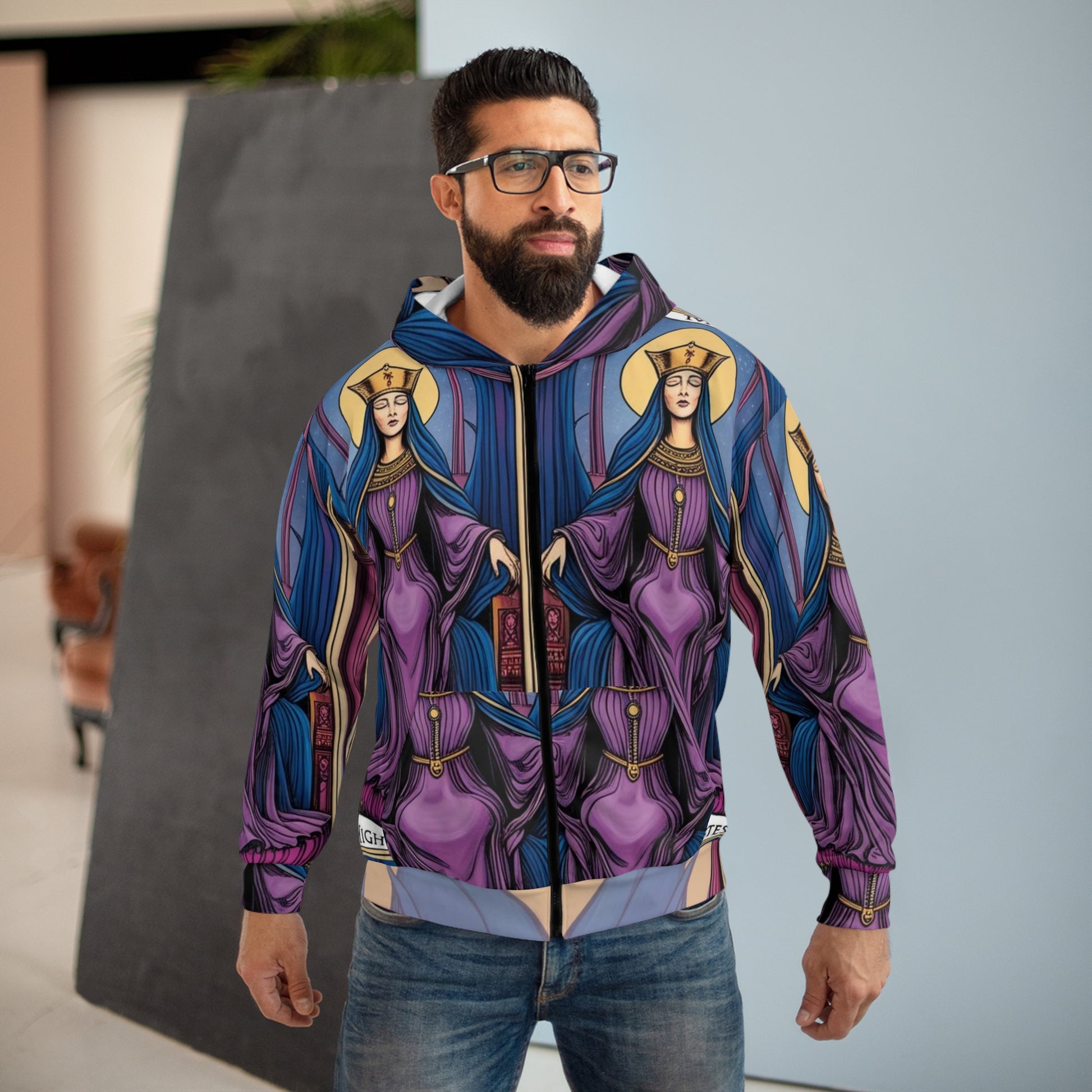 Mystical High Priestess Unisex Zip Hoodie, Tarot Card Hoodie, Spiritual Gift, AOP Hoodie, Witchy Apparel, Boho Zip Up