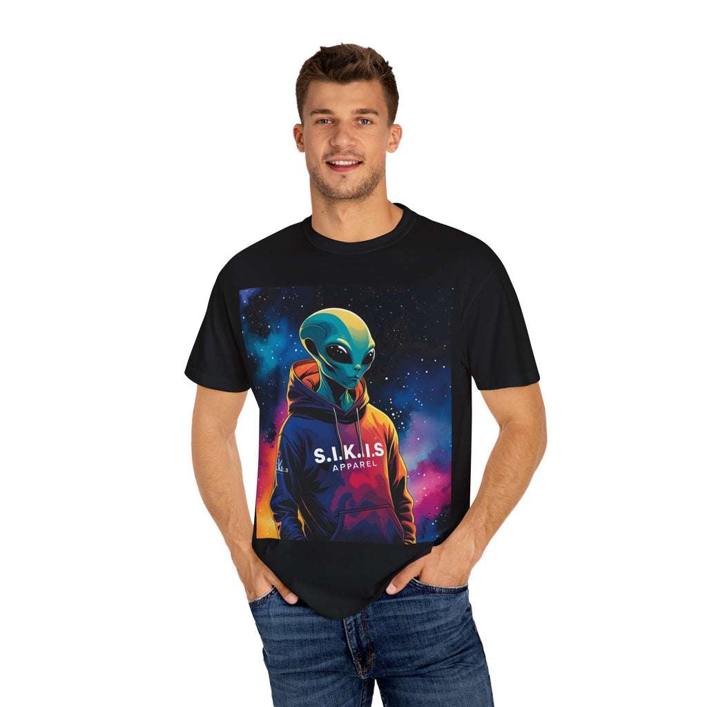 Cosmic Alien T-Shirt | Unisex Garment-Dyed Tee, Retro UFO Apparel, Sci-Fi Graphic Tee, Gift for Space Lovers, Unique Summer Wear