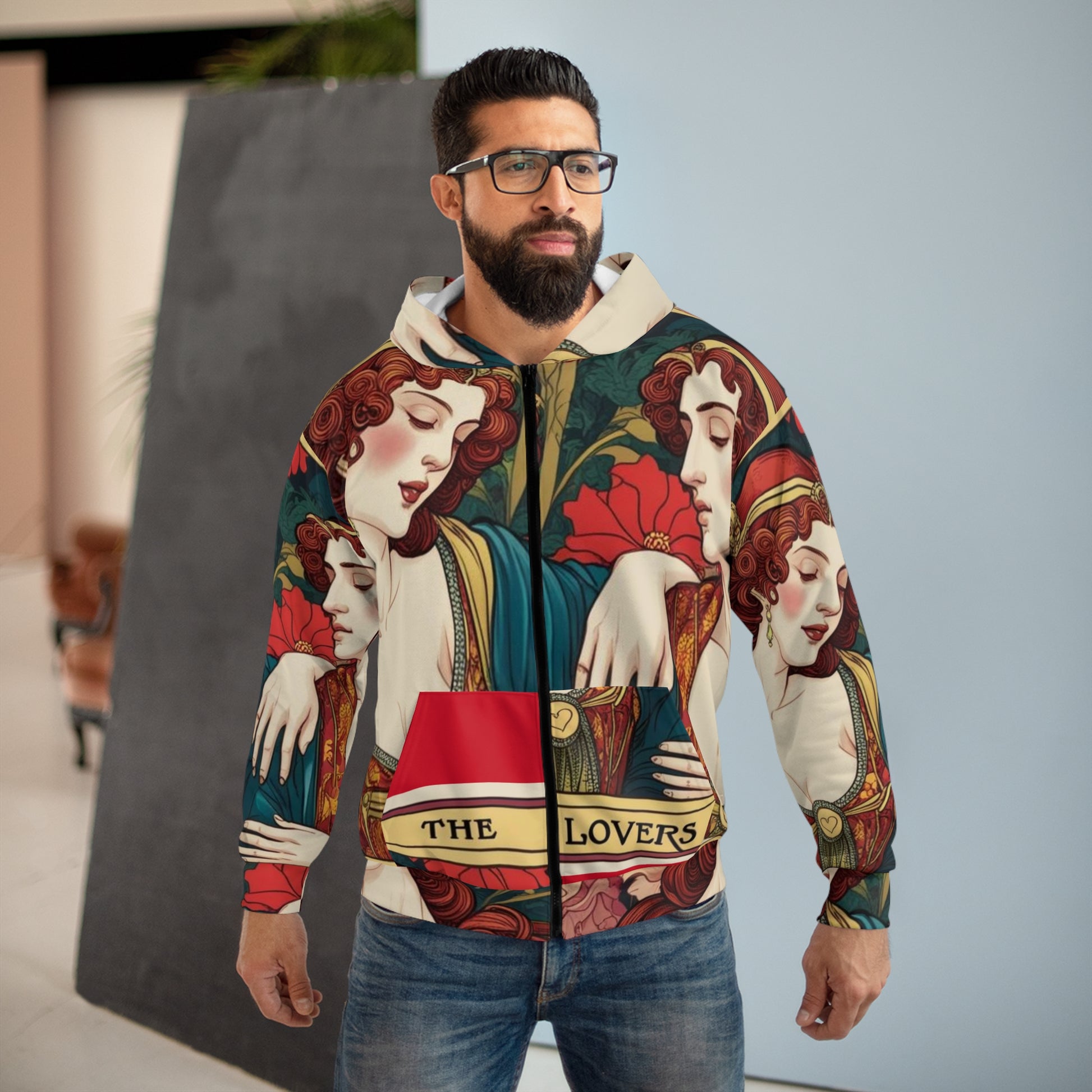 The Lovers Tarot Art Hoodie, Vintage Lover's Zip Hoodie, Unisex AOP Sweatshirt, Cozy Gift for Couples, Perfect for Date Night, Art-Inspired Apparel