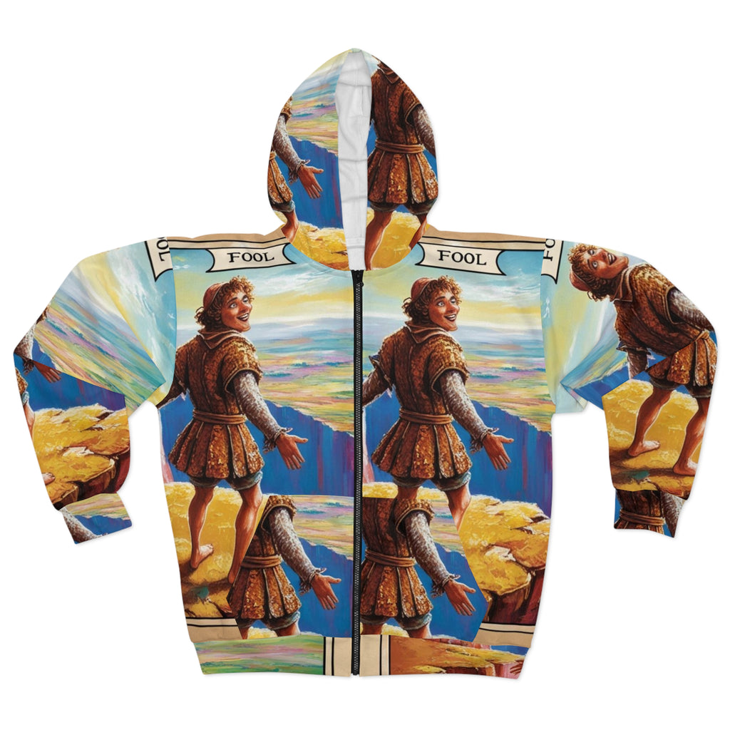 Artistic The Fool Card-Themed Unisex Zip Hoodie | Unique Gift for Tarot Lovers, Cozy Apparel for Celebrations, Trendy Fashion Statement