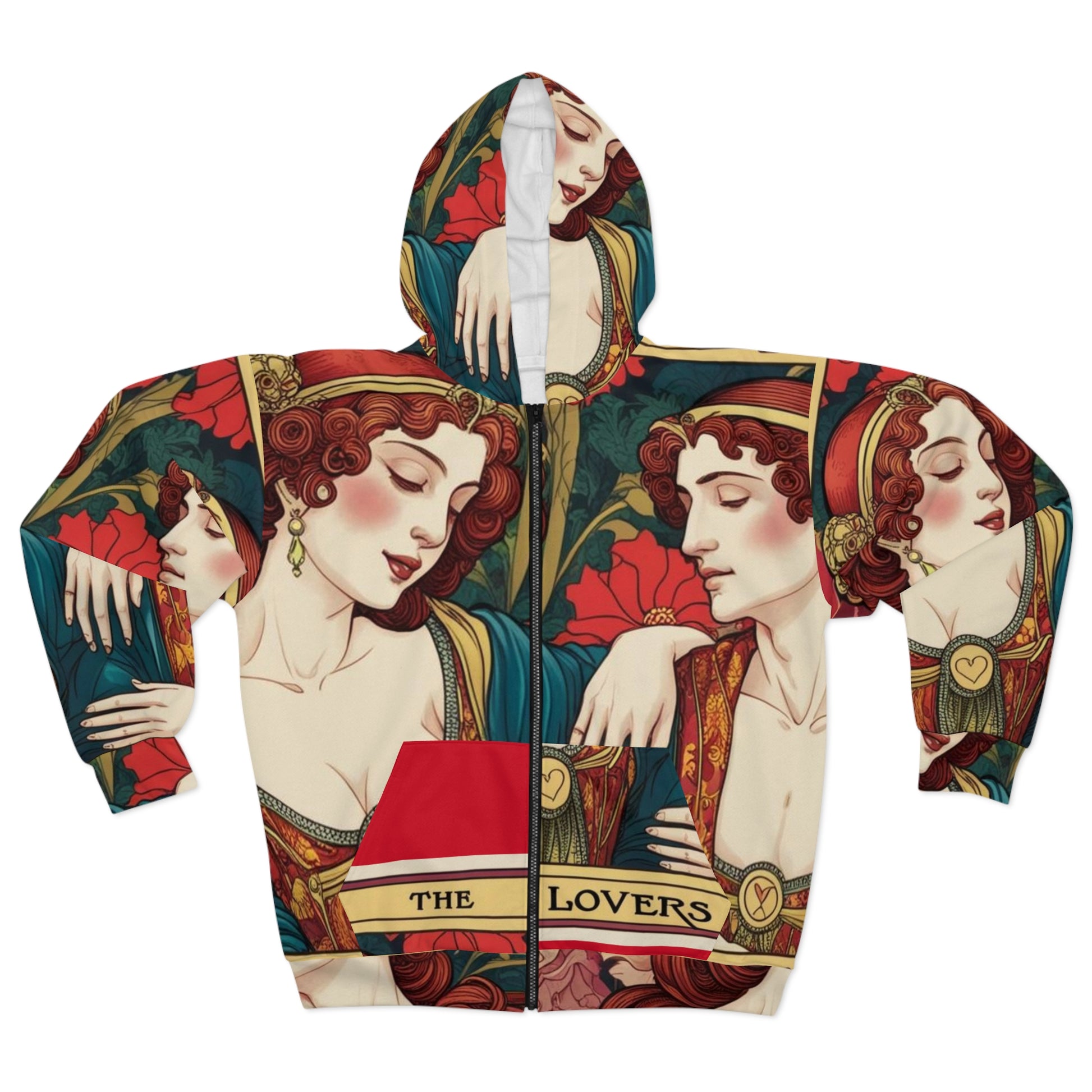 The Lovers Tarot Art Hoodie, Vintage Lover's Zip Hoodie, Unisex AOP Sweatshirt, Cozy Gift for Couples, Perfect for Date Night, Art-Inspired Apparel