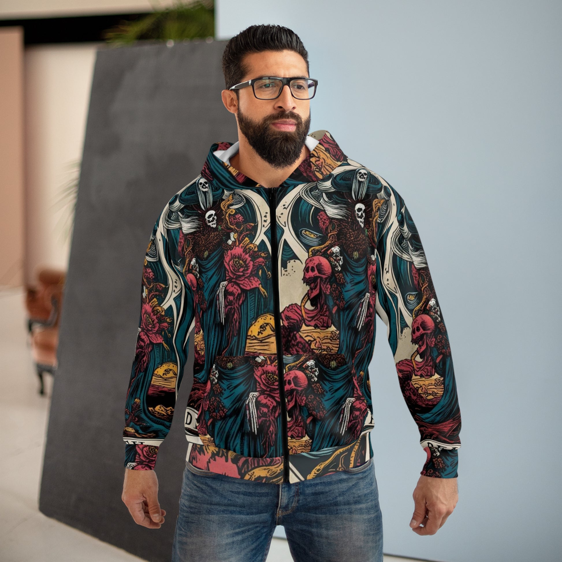Unisex Zip Hoodie with Dark Floral Tarot Design, Gothic Aesthetic, Perfect for Everyday Wear, Gift for Her, Cozy Layer for Autumn