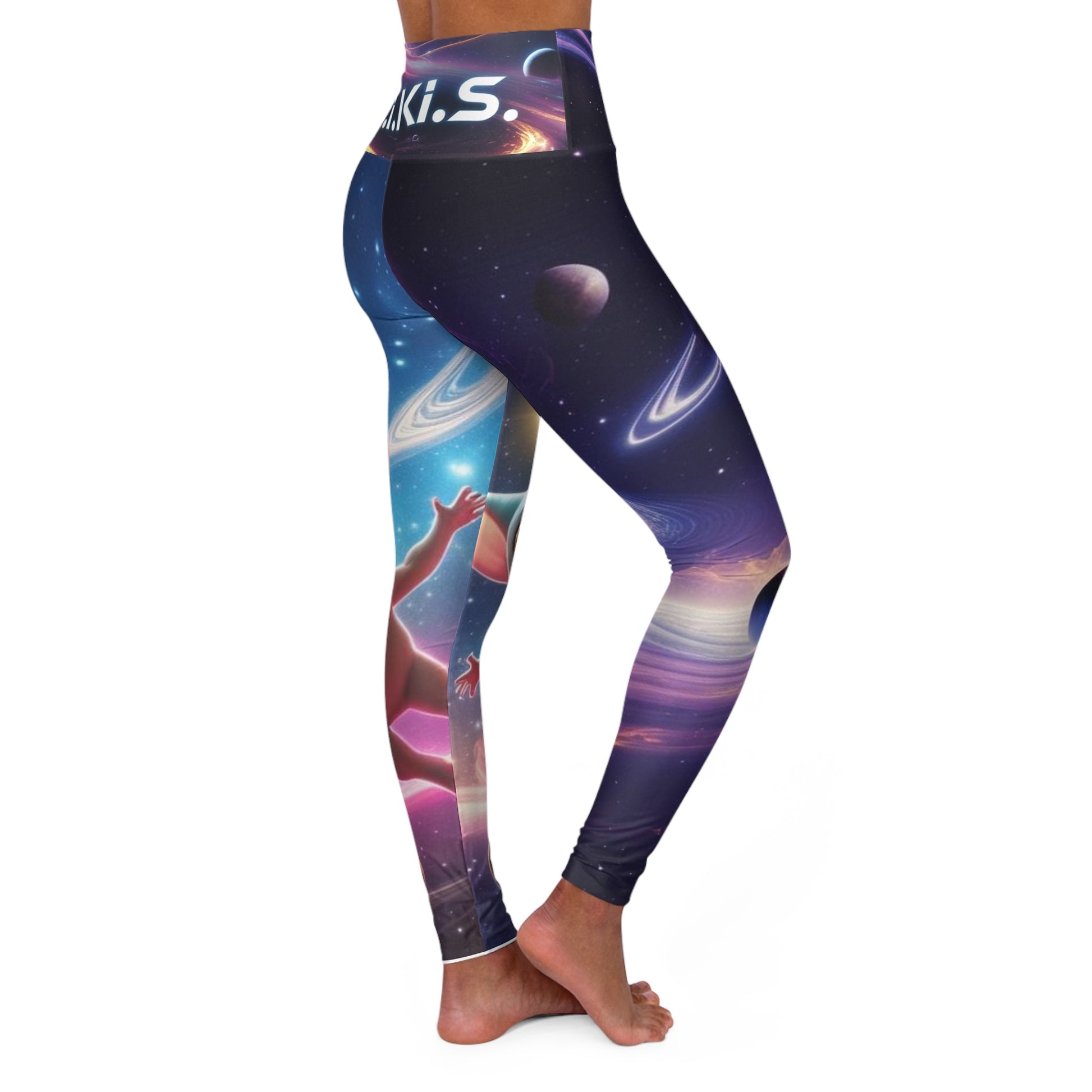 Cosmic High Waisted Yoga Leggings, Space Theme Workout Leggings, Starry Yoga Pants, Alien Print Fitness Leggings, Galaxy Travel Activewear