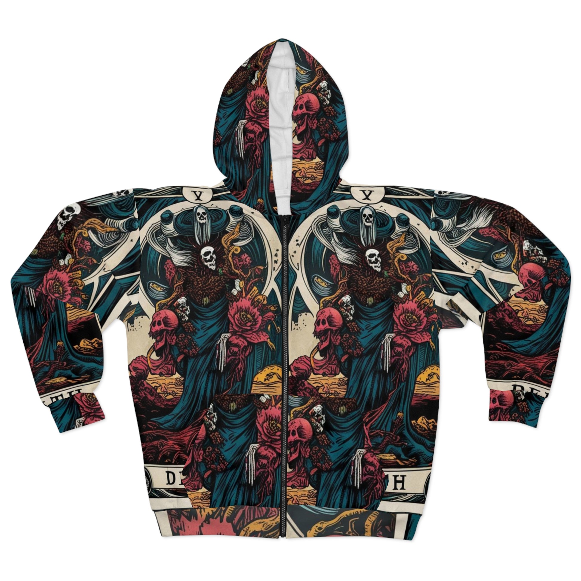 Unisex Zip Hoodie with Dark Floral Tarot Design, Gothic Aesthetic, Perfect for Everyday Wear, Gift for Her, Cozy Layer for Autumn