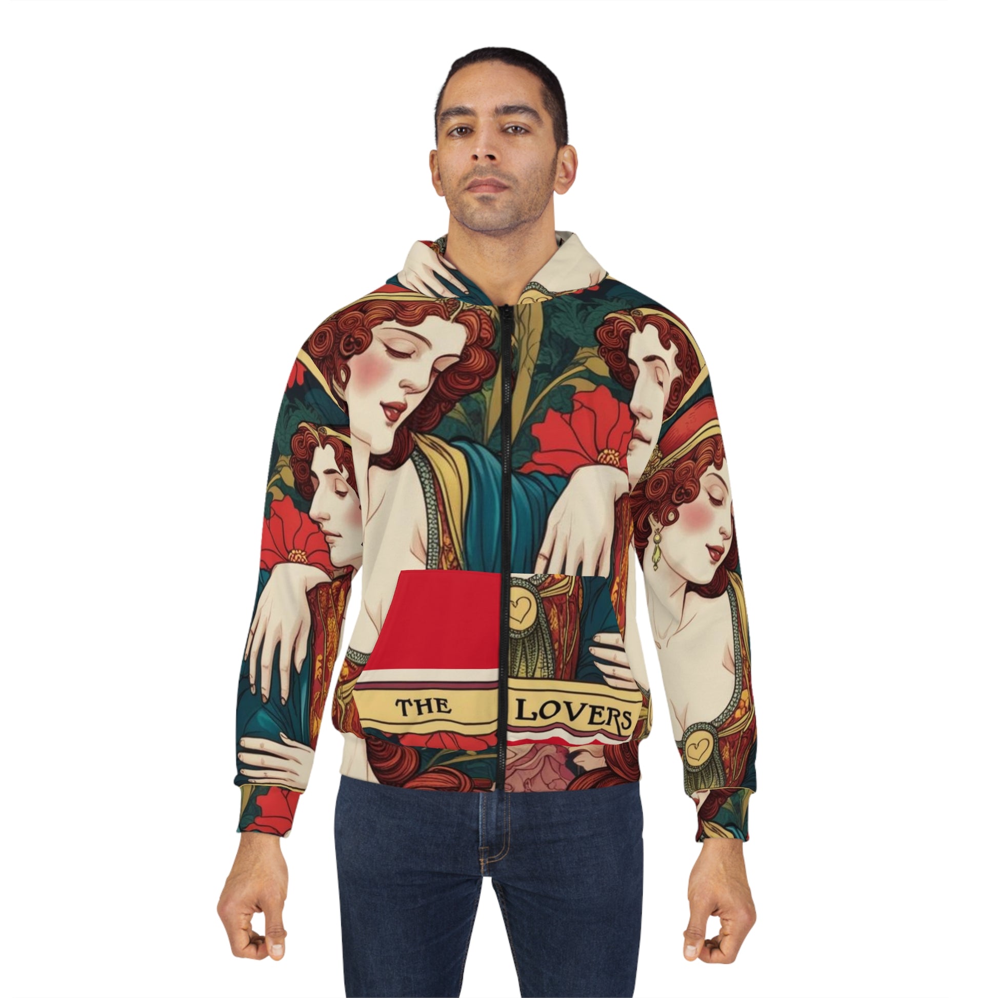 The Lovers Tarot Art Hoodie, Vintage Lover's Zip Hoodie, Unisex AOP Sweatshirt, Cozy Gift for Couples, Perfect for Date Night, Art-Inspired Apparel